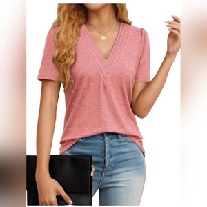 Womens V Neck Short Sleeve Tops Loose Fit Low Cut Shirts Casual Solid Color